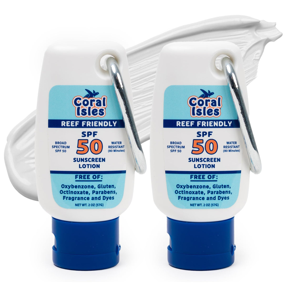 Coral Isles Hawaii Compliant Sunscreen bottle with carabiner clip for on-the-go sun protection.