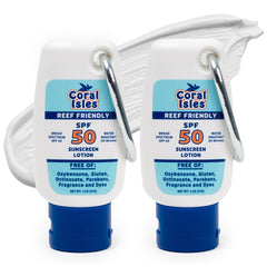 Coral Isles Hawaii Compliant Sunscreen bottle with carabiner clip for on-the-go sun protection.