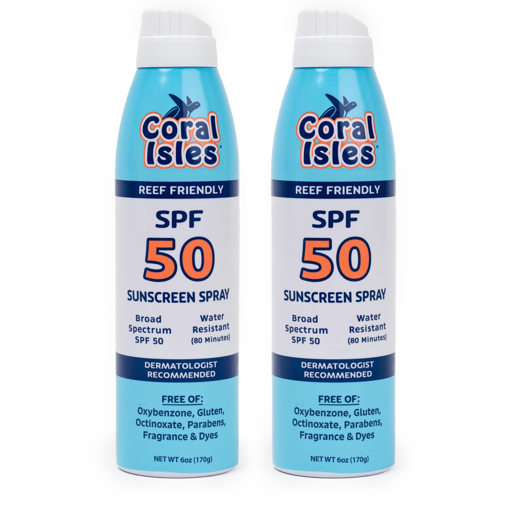 Coral Isles SPF50 sunscreen spray bottle front for reef-safe sun protection