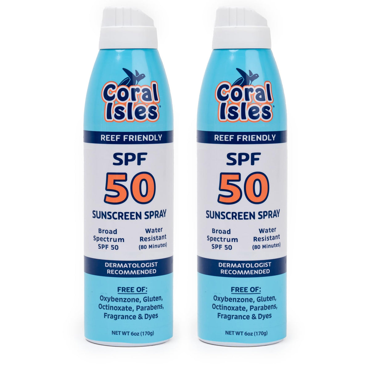 Coral Isles SPF50 sunscreen spray bottle front for reef-safe sun protection