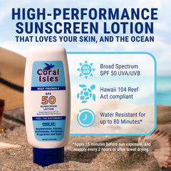 Coral Isles Sunscreen SPF 50 pump bottle ready for quick reapplication during activities