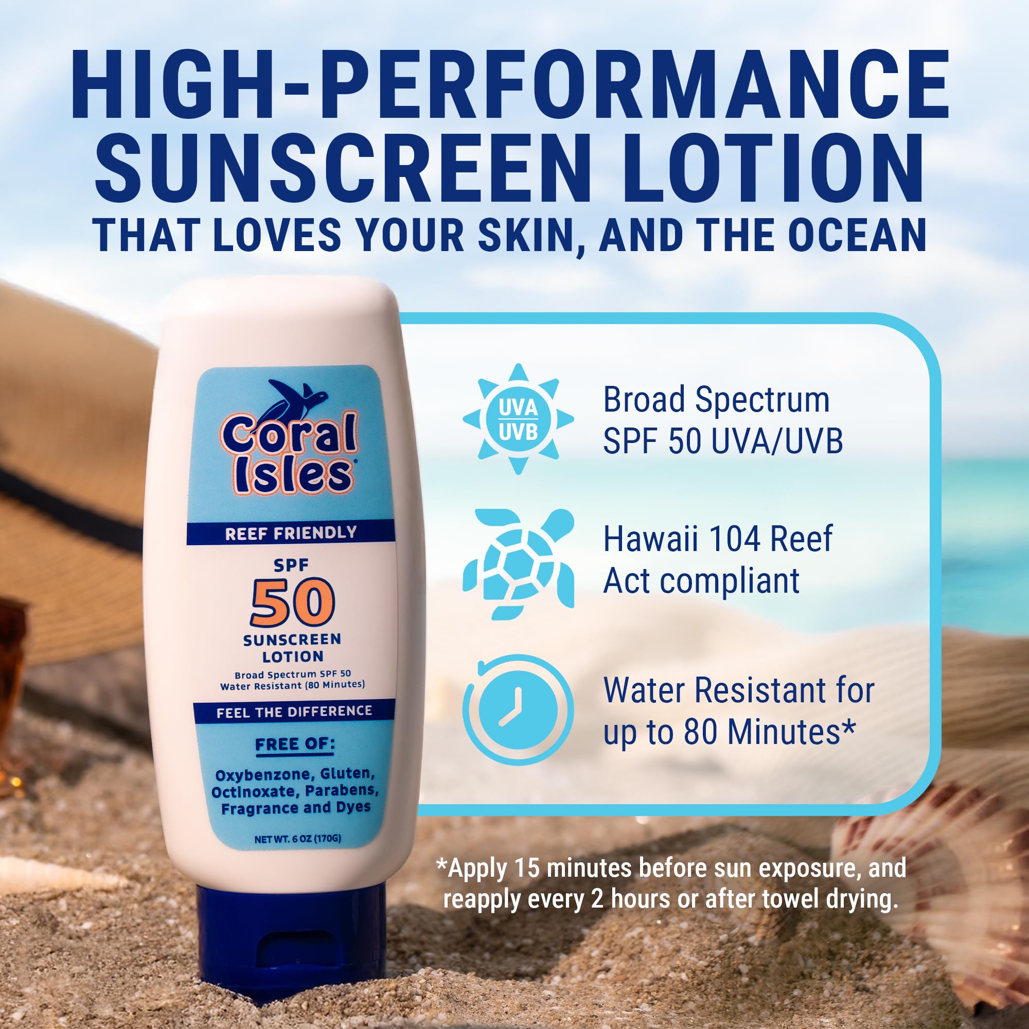 Coral Isles Sunscreen SPF50 bottle top close-up highlighting fragrance-free lightweight application