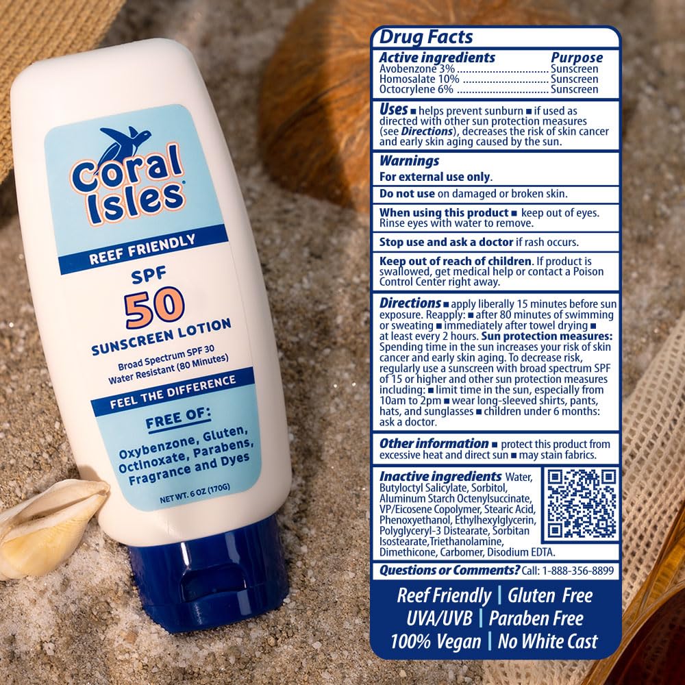Coral Isles SPF50 label emphasizes Hawaii 104 Act compliance and broad protection