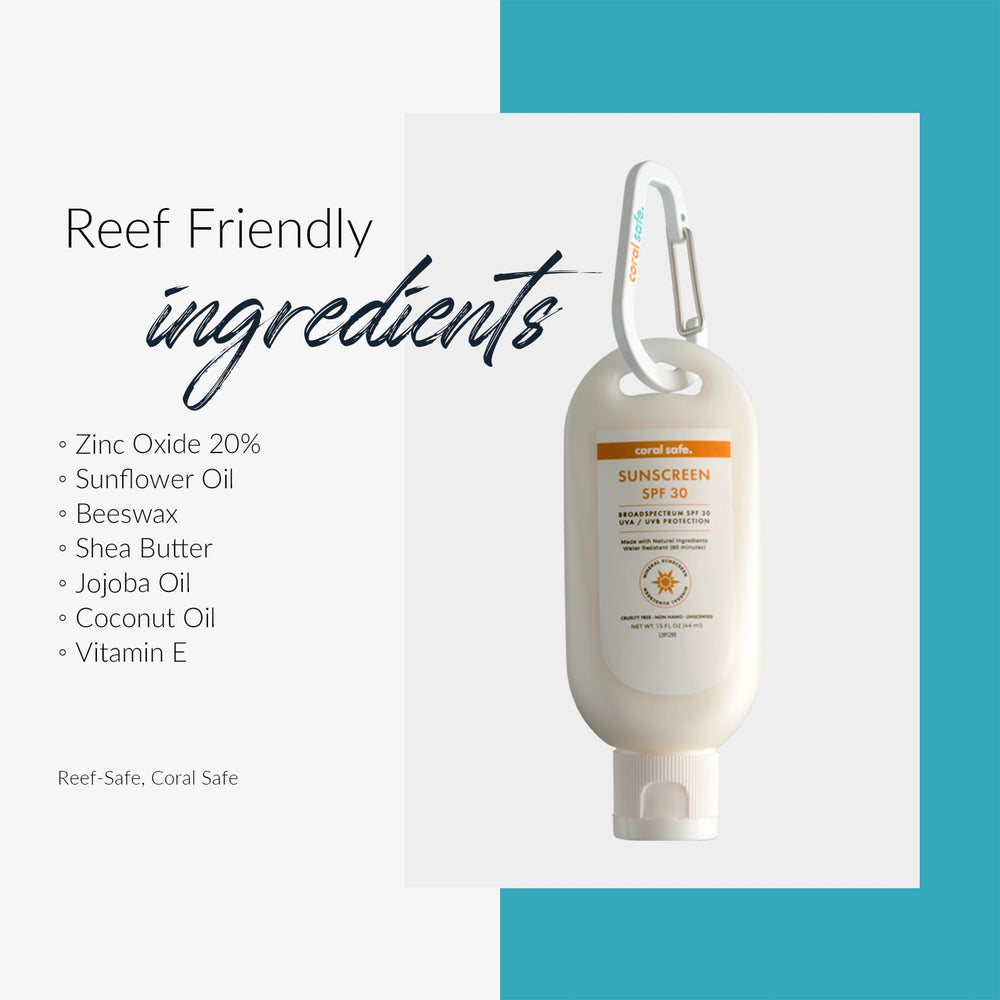 Coral Safe tube showing no oxybenzone or octinoxate for safer sun care.