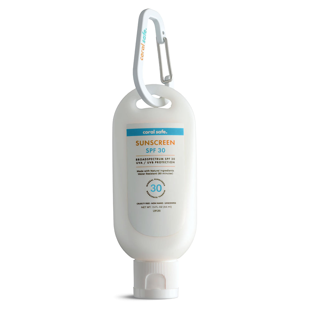 Coral Safe reef-safe sunscreen bottle ready for beach days with SPF 30.