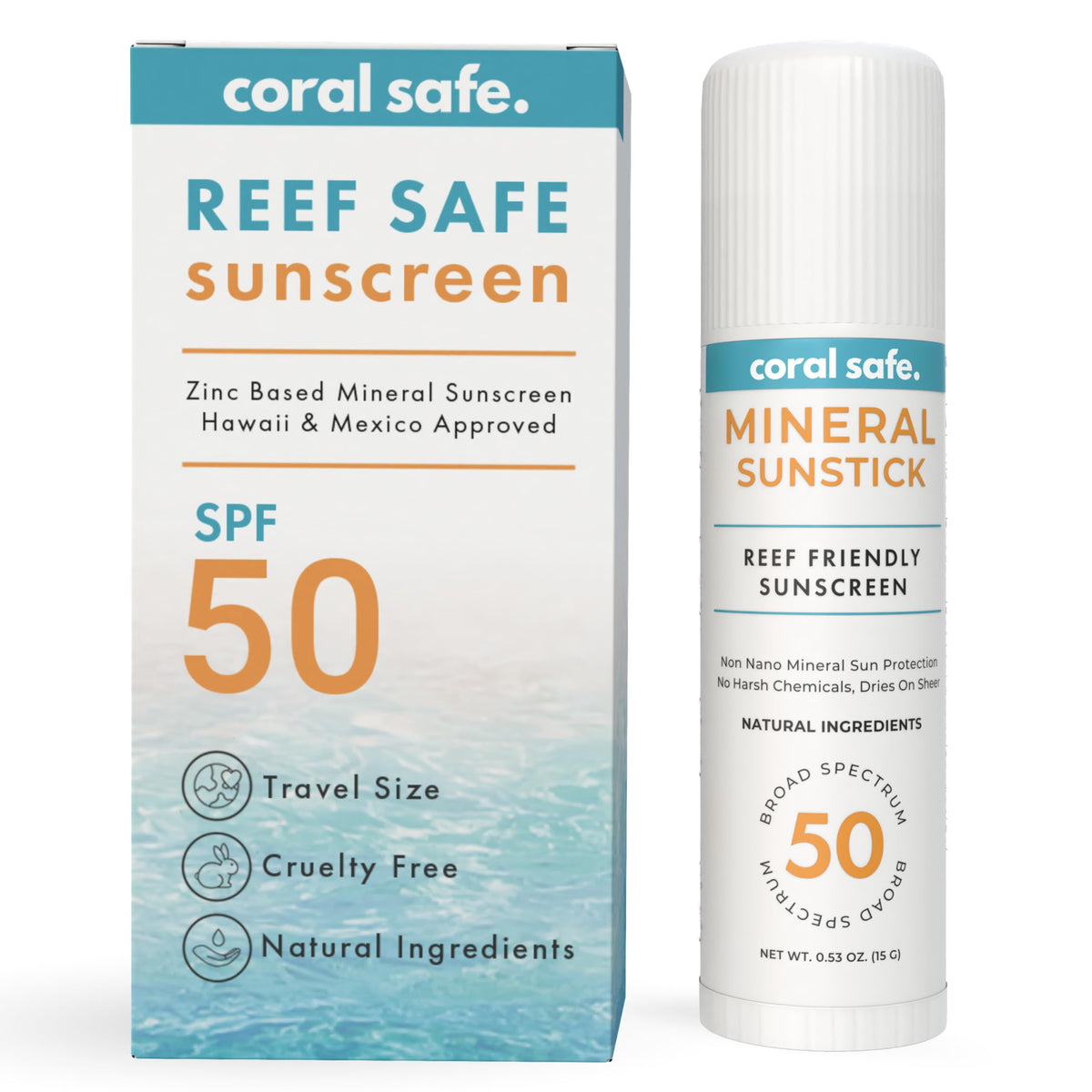 Coral Safe reef-safe SPF50 facestick cap for travel-friendly reef protection.