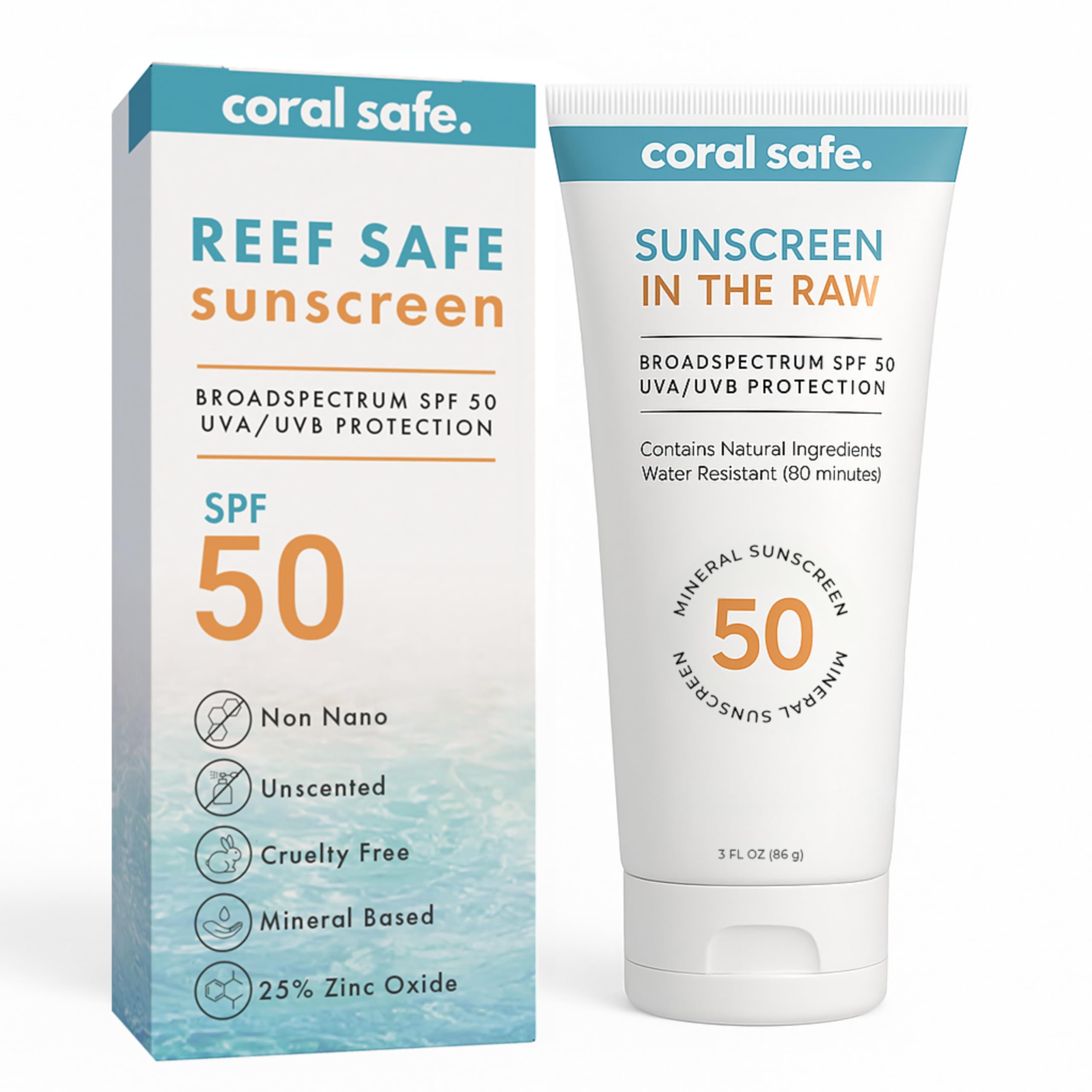 Coral Safe Reef Safe Mineral Sunscreen Travel Lotion front label highlights reef-friendly SPF 50 protection.