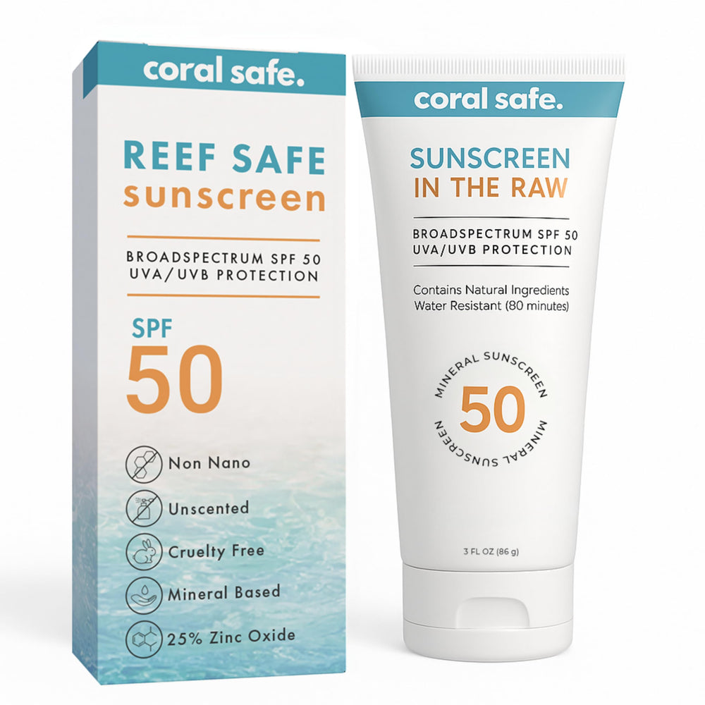Coral Safe Reef Safe Mineral Sunscreen Travel Lotion front label highlights reef-friendly SPF 50 protection.