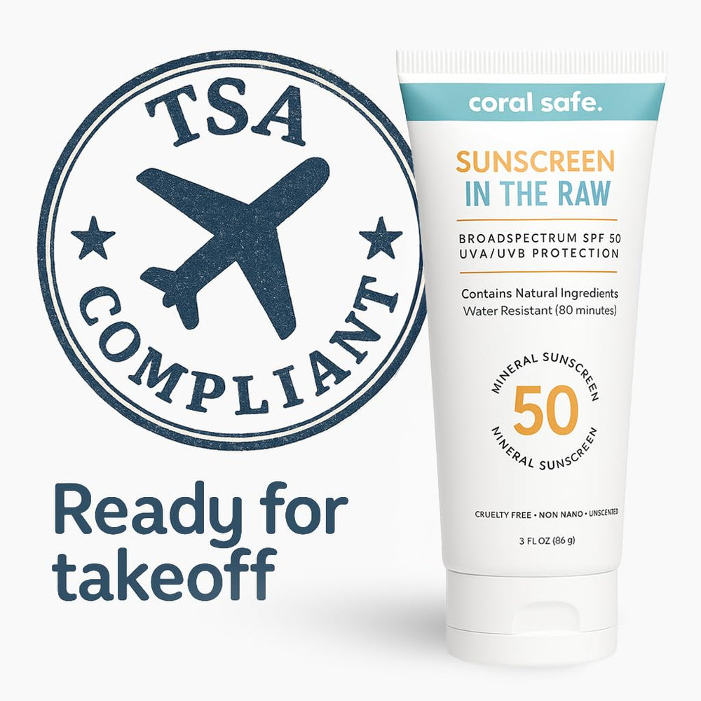 Coral Safe reef-safe sunscreen packaging-open view suggests eco-conscious, biodegradable formula for travel.