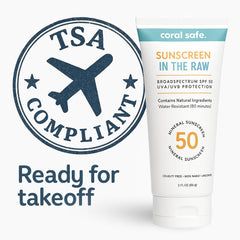 Coral Safe reef-safe sunscreen packaging-open view suggests eco-conscious, biodegradable formula for travel.