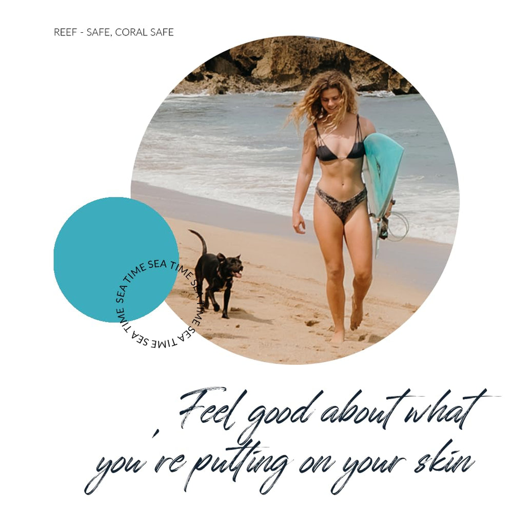 Coral Safe travel-ready sunscreen compact beside beach gear.