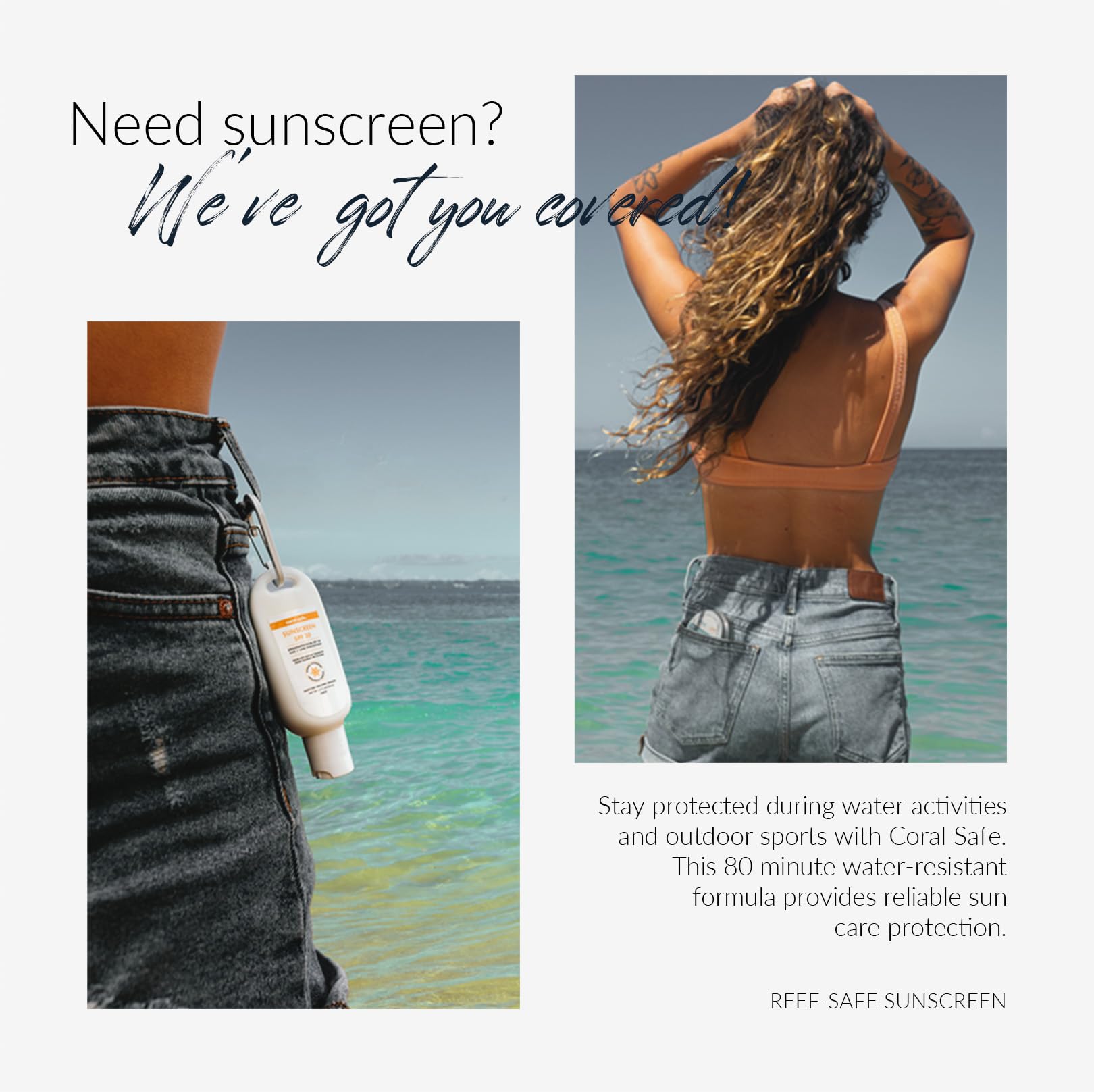 Coral Safe USA-made sunscreen packaging with natural ingredients.
