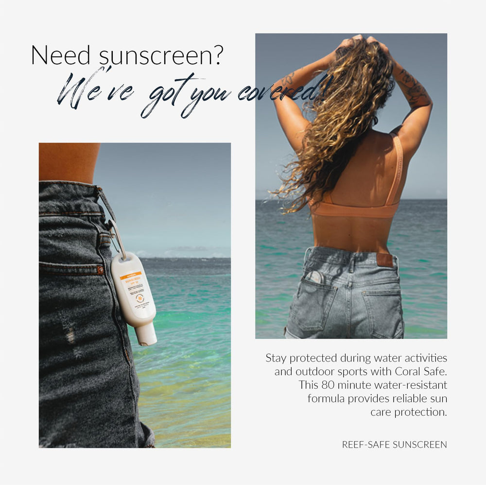 Coral Safe USA-made sunscreen packaging with natural ingredients.