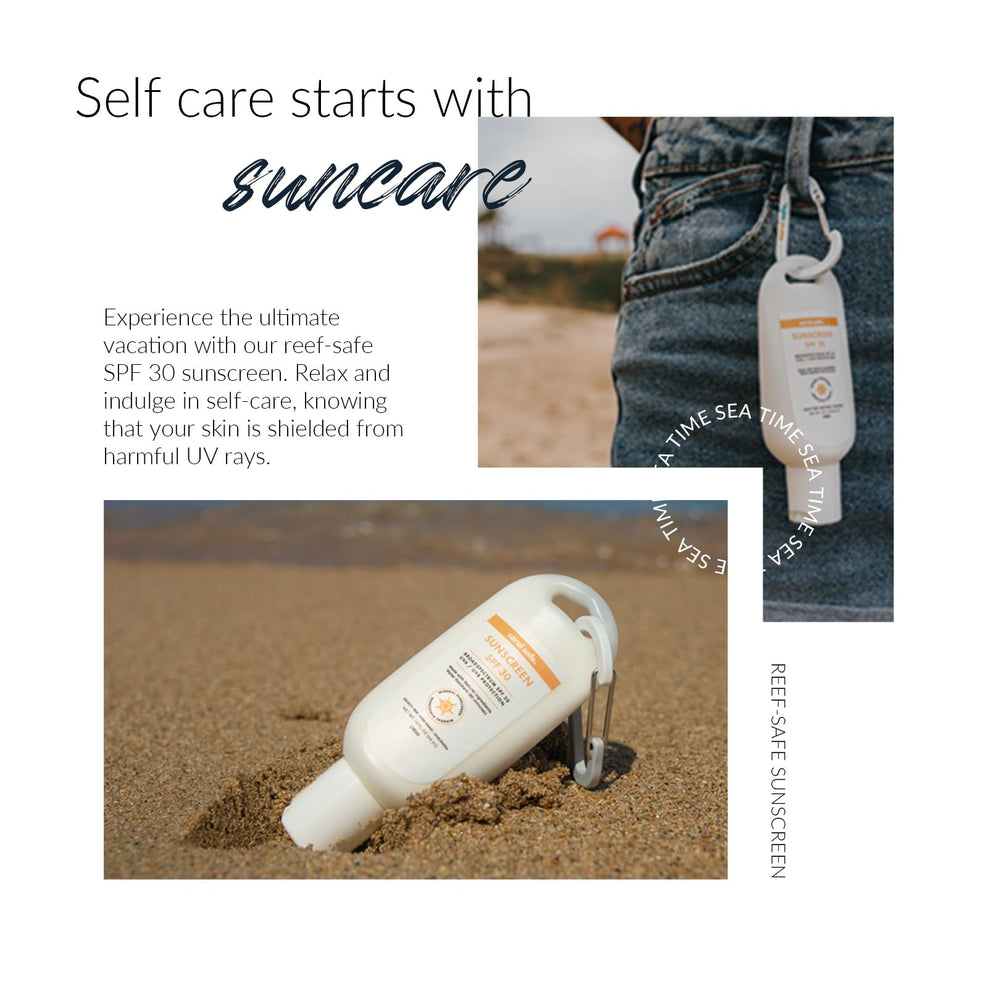 Coral Safe water-resistant sunscreen tube during active beach sports.