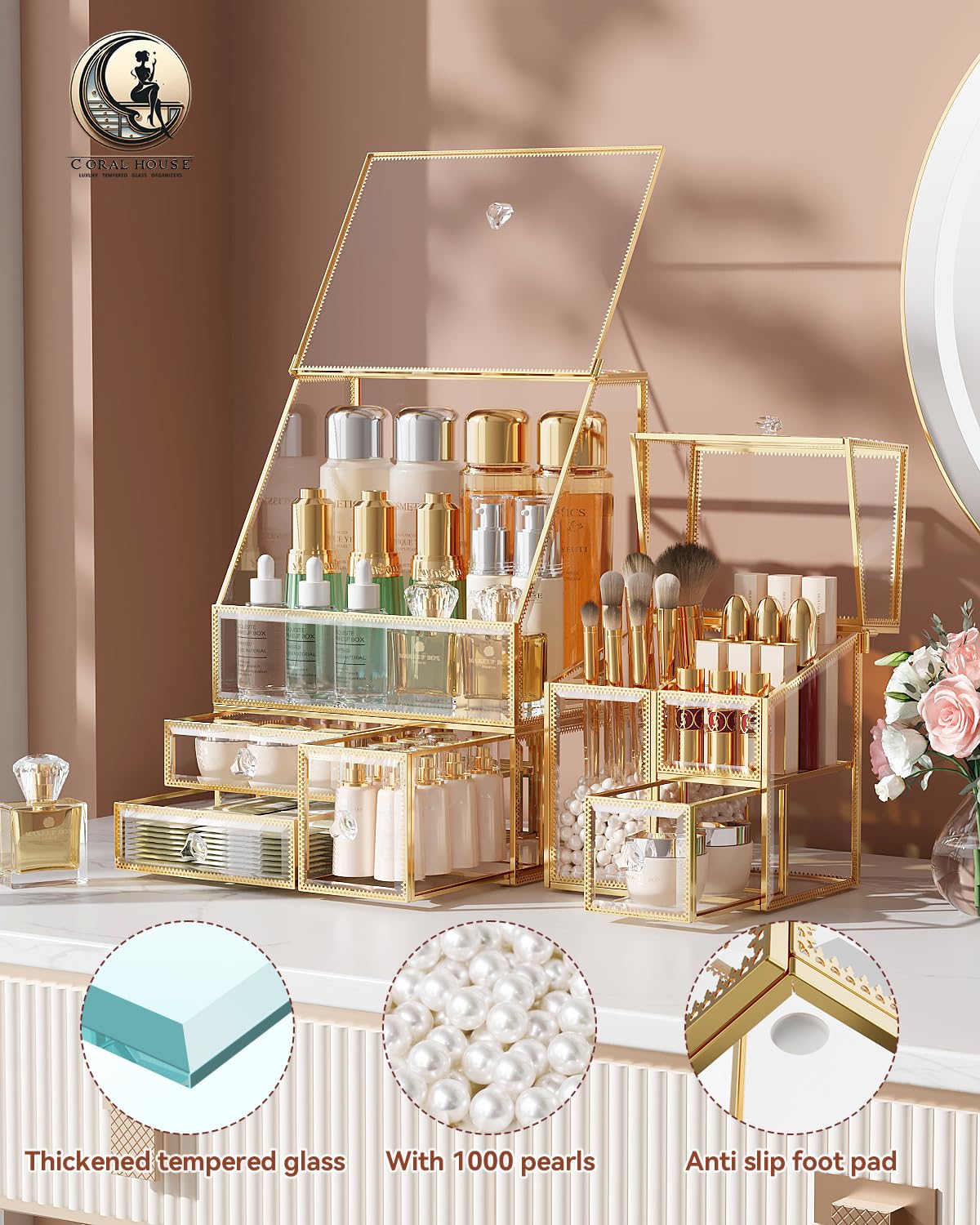 CoralHouse Clear Makeup Organizer with Gold Frame side view highlighting luxe trim