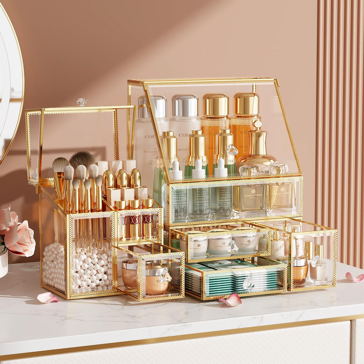 CoralHouse Clear Makeup Organizer with Gold Frame, top view showing organized vanity storage