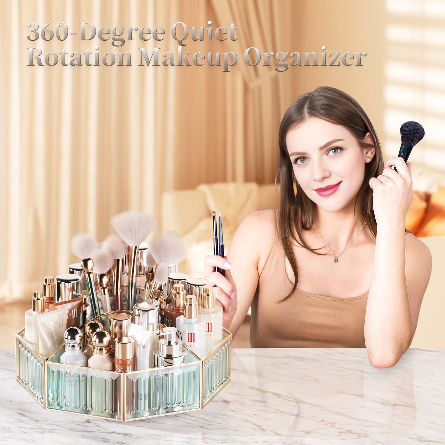 CoralHouse compact turntable storage, holds tall foundations and skincare bottles neatly.