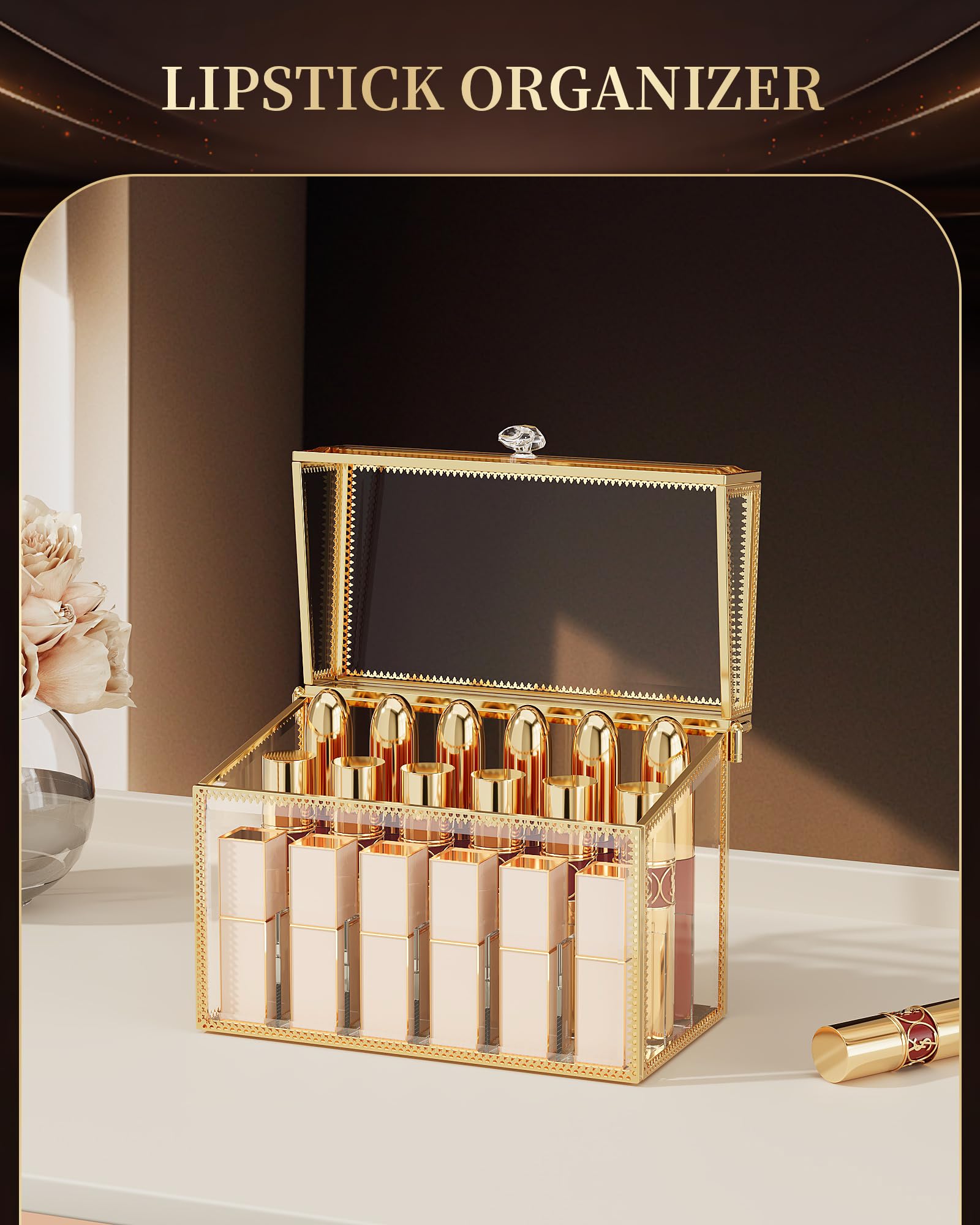 CoralHouse lipstick organizer accommodates nail polish alongside lip products for tidy storage.