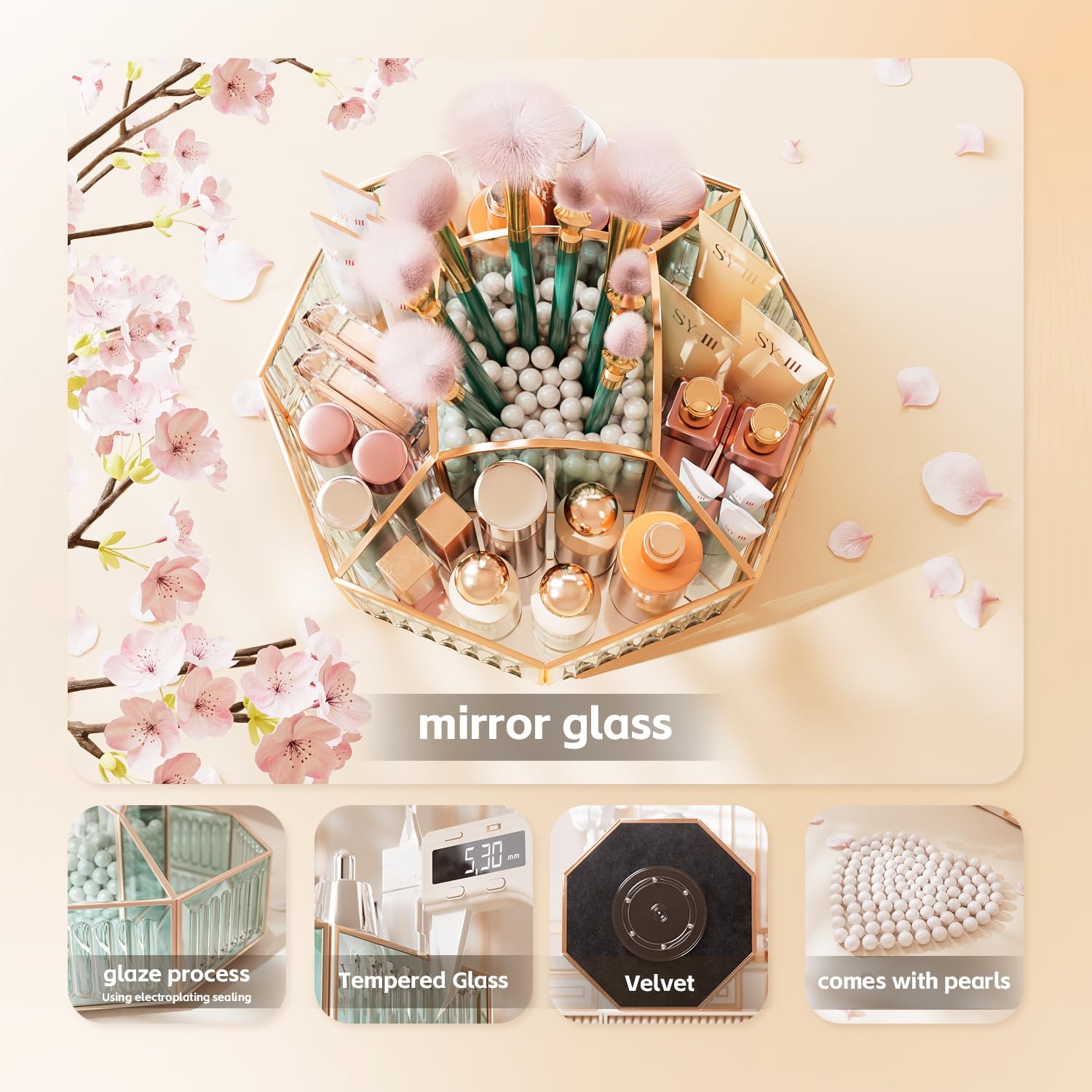 CoralHouse rotating cosmetic organizer, glass-style unit, doubles as jewelry or oils storage.