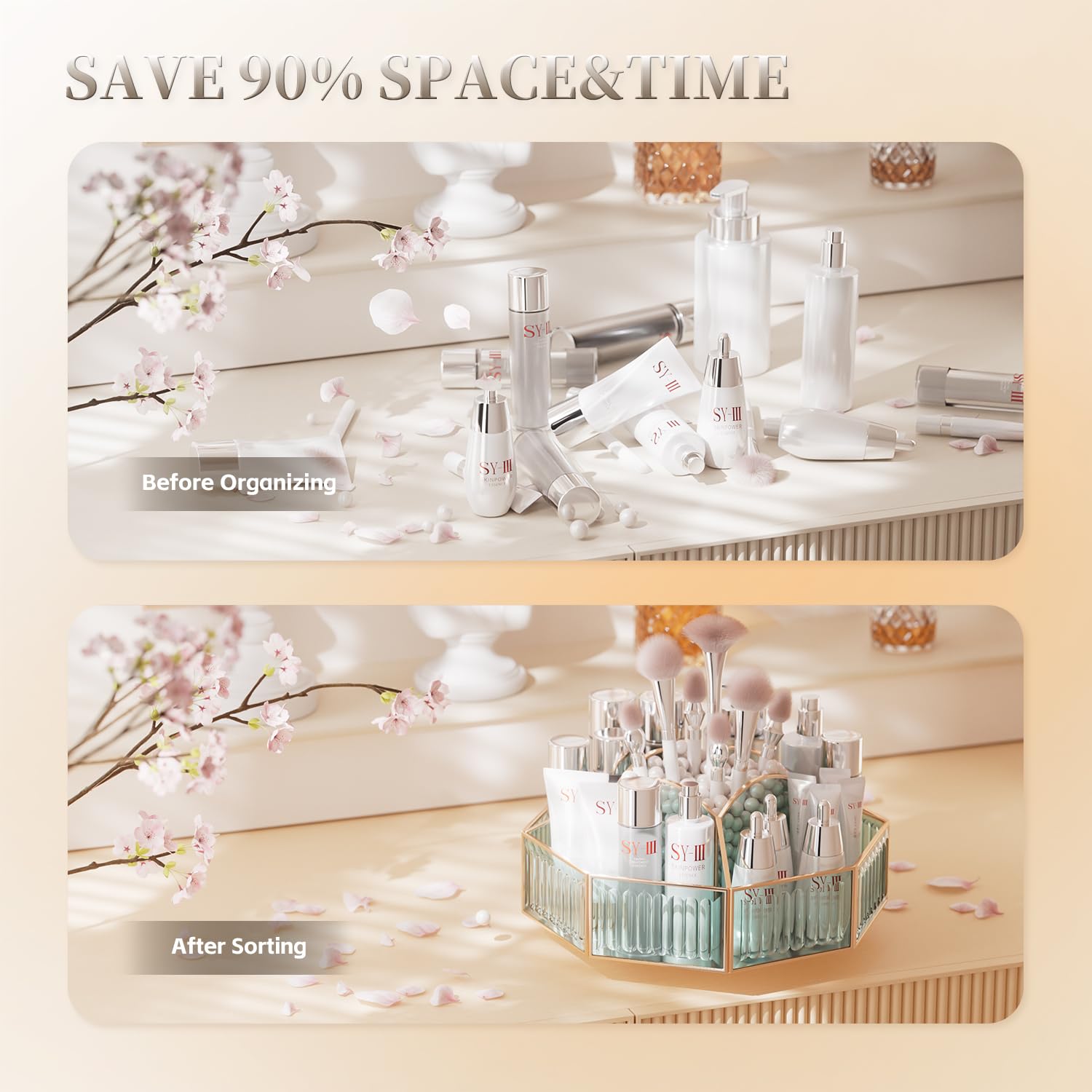 CoralHouse spinning vanity organizer on countertop, compact footprint saves counter space.