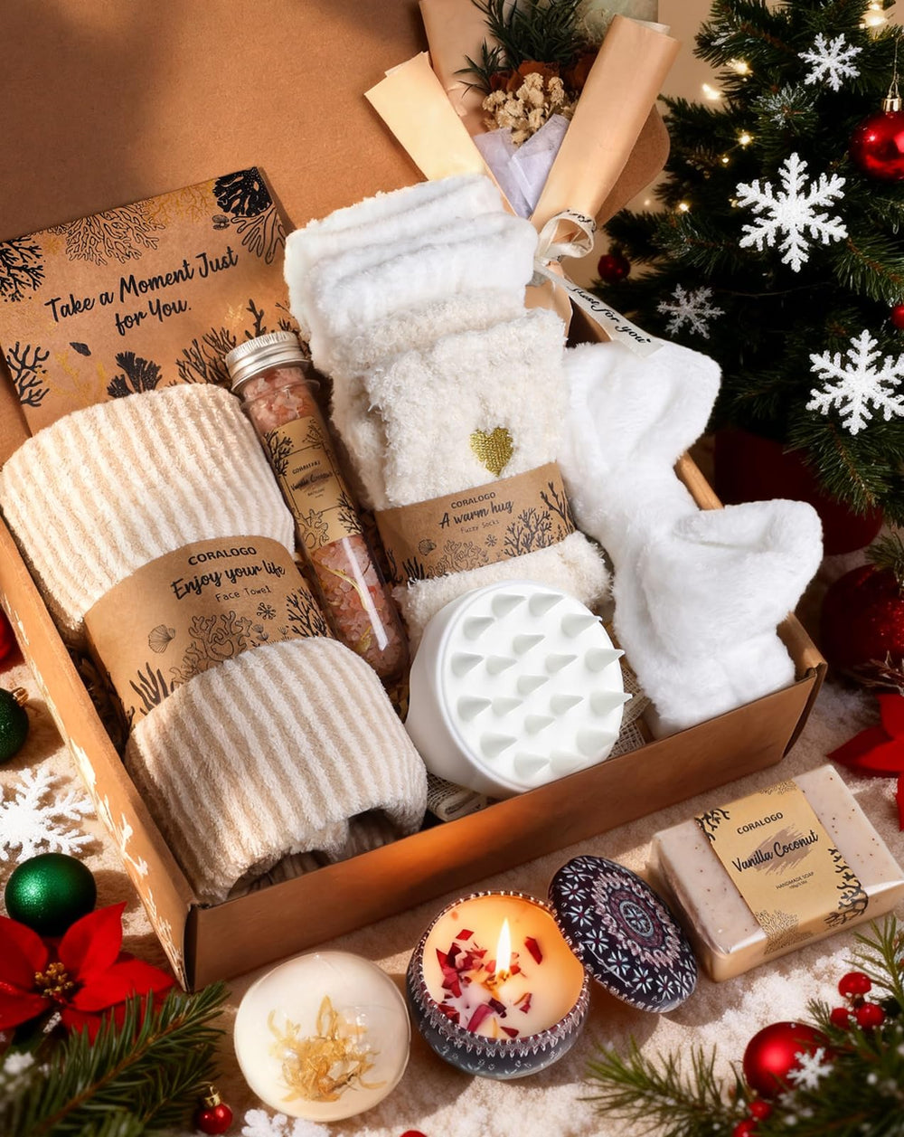 Coralogo natural spa gift basket closeup—luxury bath items for relaxing evenings and gifting.