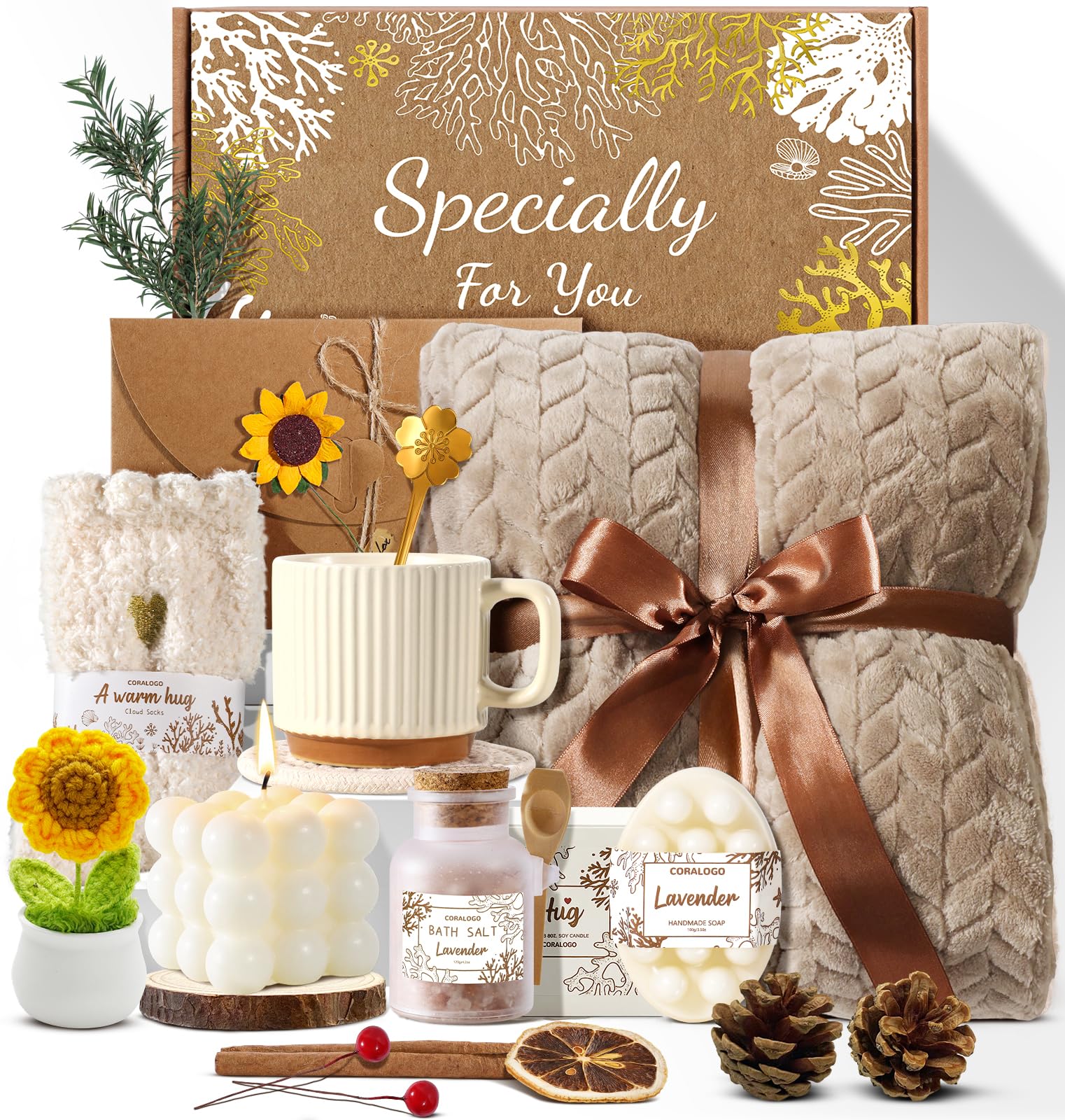 Coralogo sunflower spa basket featuring warm blanket for relaxing self-care moments