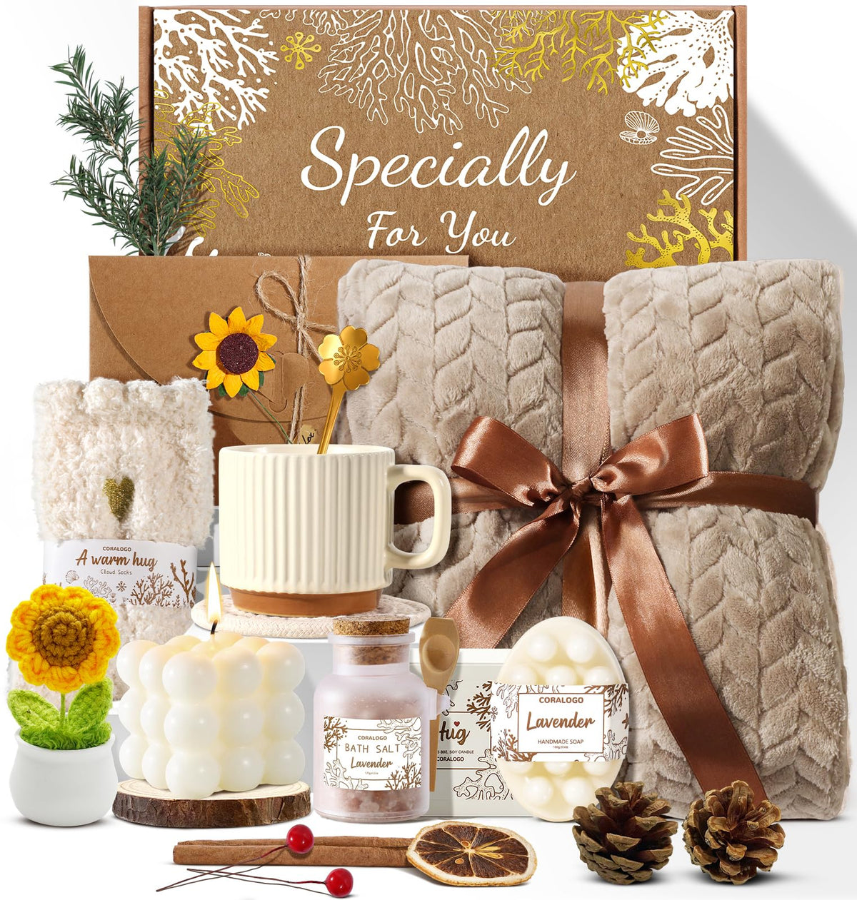 Coralogo sunflower spa basket featuring warm blanket for relaxing self-care moments