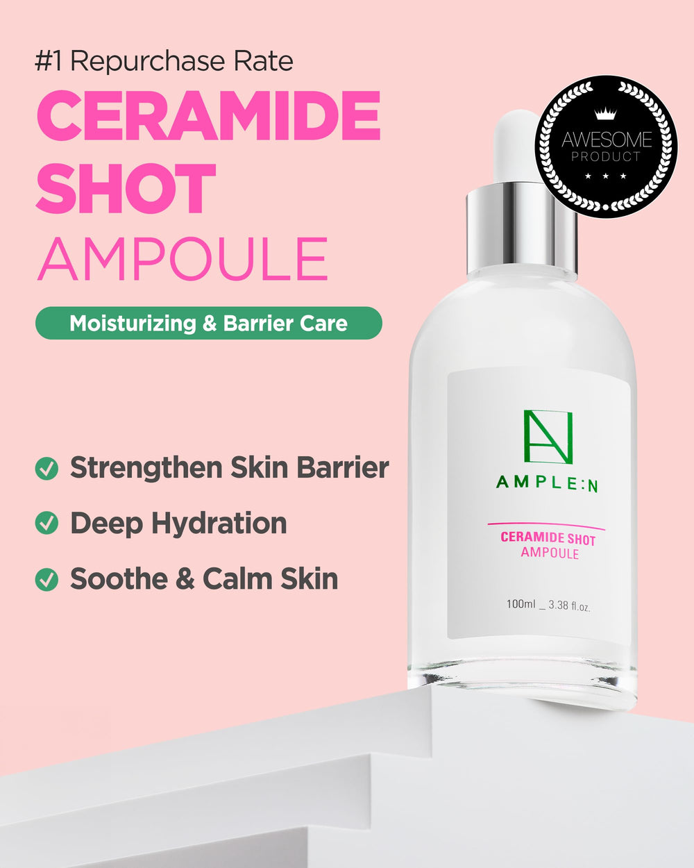 Coreana AMPLE:N Ceramide Shot Ampoule dropper dispensing serum for quick absorption and hydration.