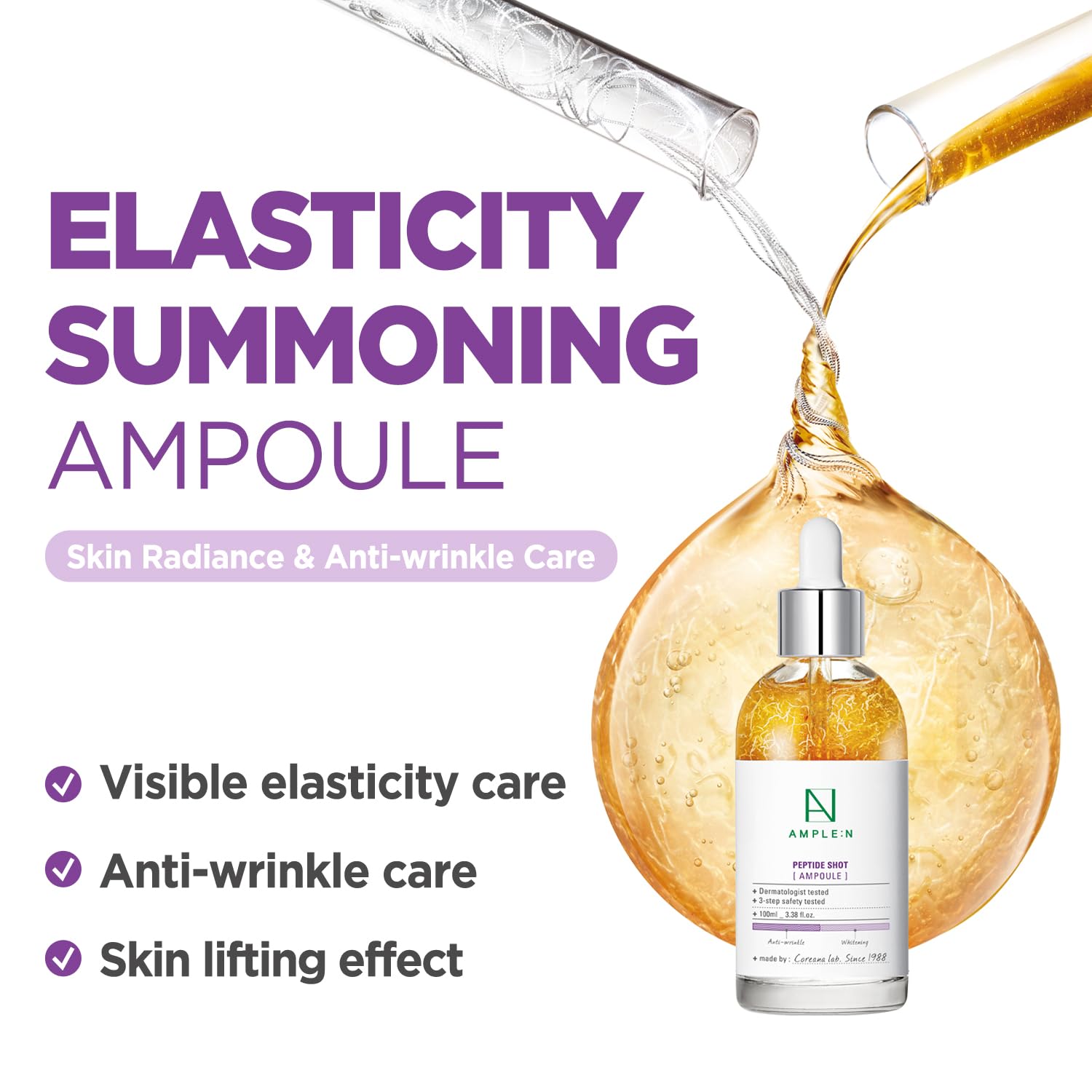 Coreana AMPLE:N Peptide Shot Ampoule bottle close-up highlighting sleek serum container for plump skin.