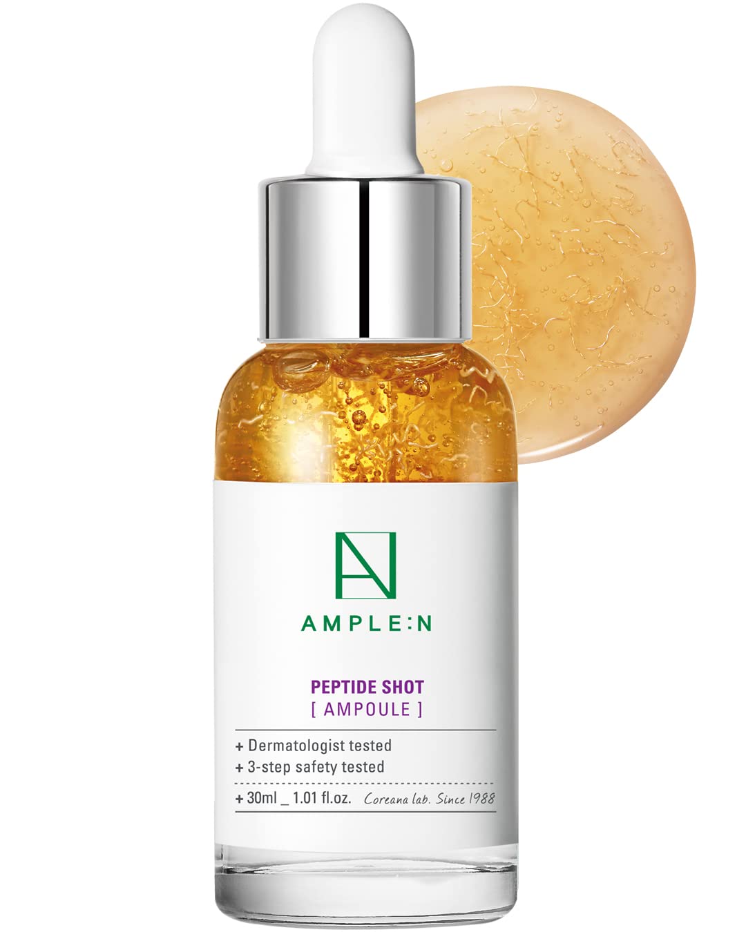 Coreana AMPLE:N peptide shot ampoule bottle shows premium serum for firmer skin