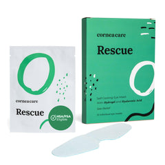 CorneaCare Rescue hydrogel eye mask pack shown, quick cooling relief for irritated eyes.