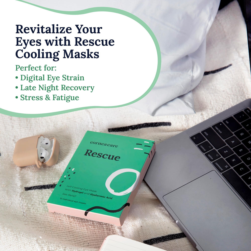CorneaCare Rescue self-cooling action photo shows 5–10 minute relief session.