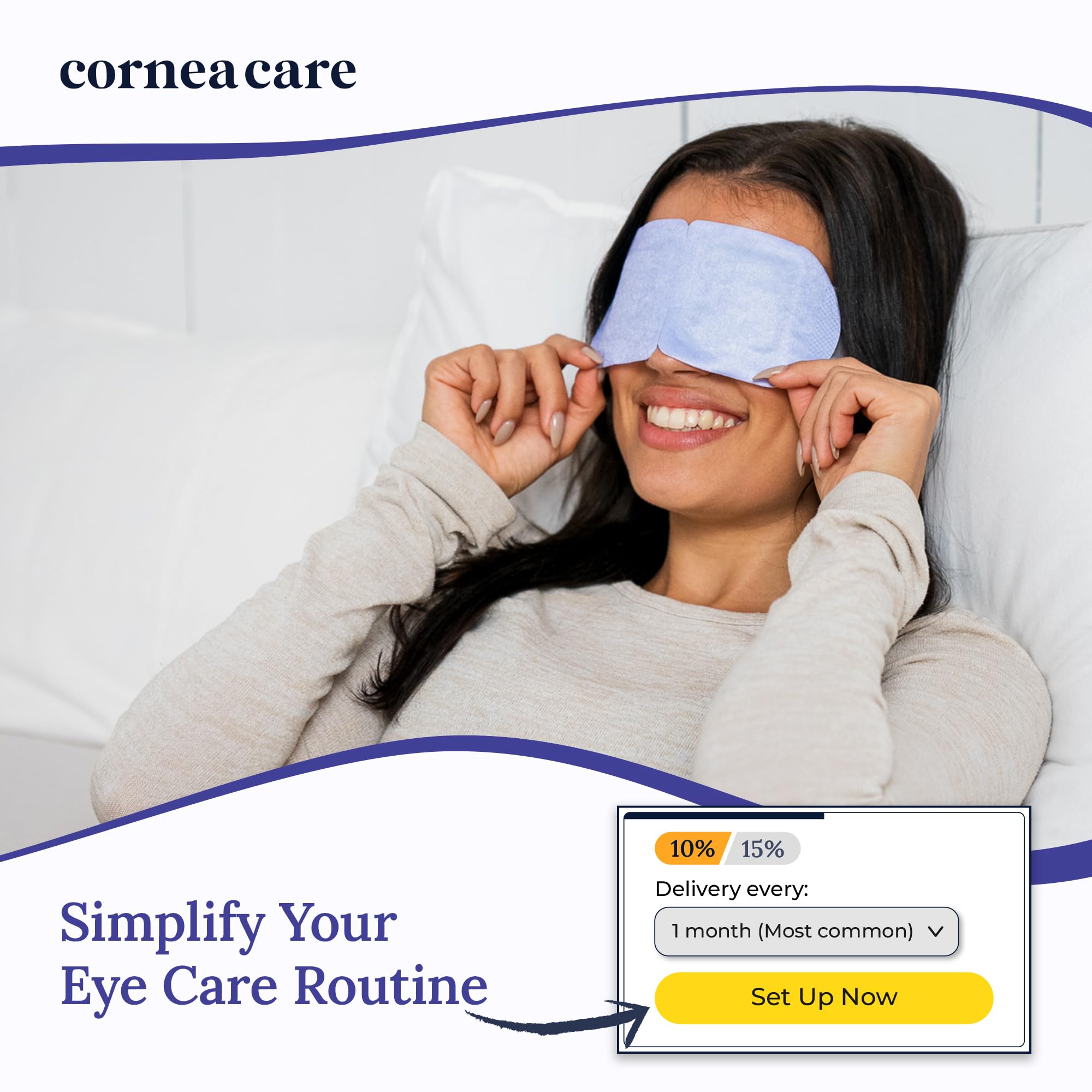 CorneaCare Rest eye mask on eyes providing soothing warmth during routine care.