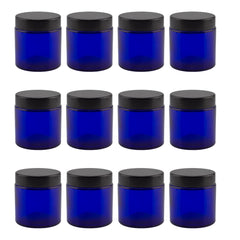 Cornucopia Brands 4oz cobalt blue glass jar, front view, UV protection for preserved ingredients.