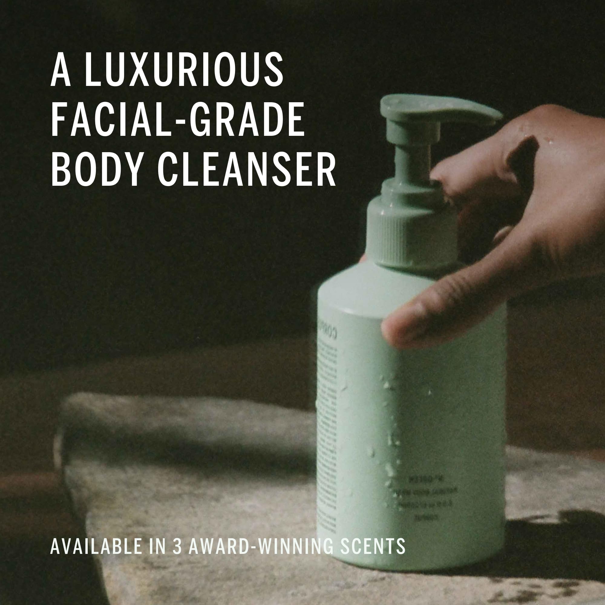 Corpus Nº Green bottle with argan oil droplets highlights skin-softening nourishment.