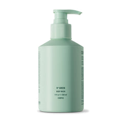 Corpus Nº Green body wash bottle with pump demonstrating moisturizing cleanse for daily use.