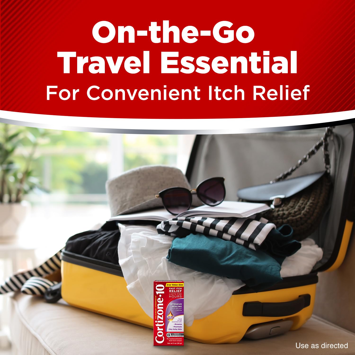 Cortizone-10 beside common items to show 2 oz size portability