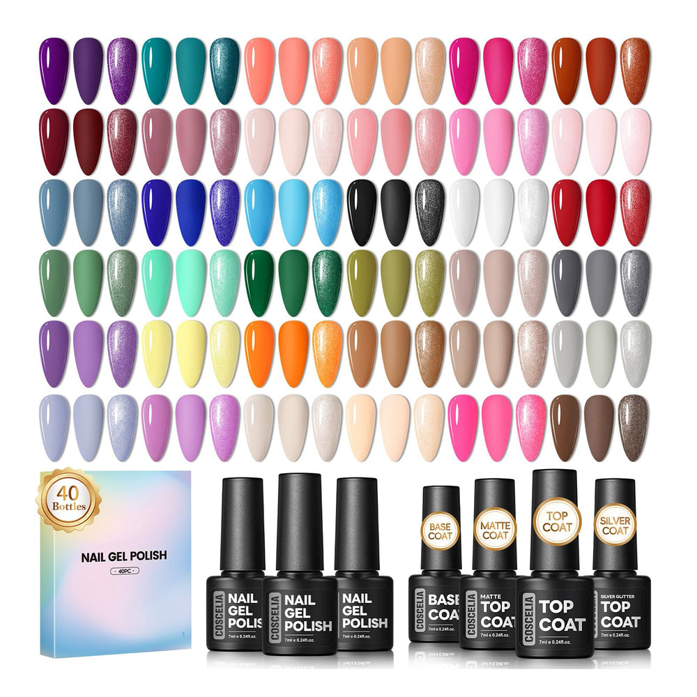 COSCELIA 40pcs gel nail polish set packaging shows full color lineup for home manicures.