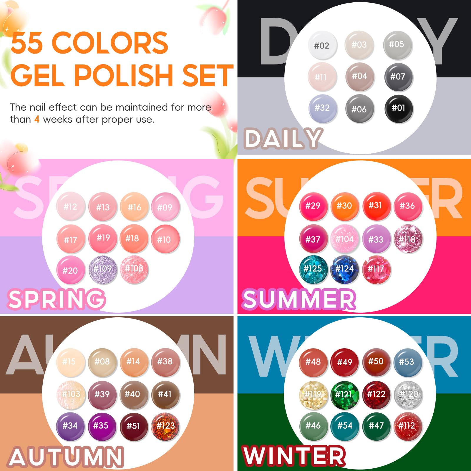COSCELIA 55 colors gel nail polish bottle lineup for diverse DIY nail art.