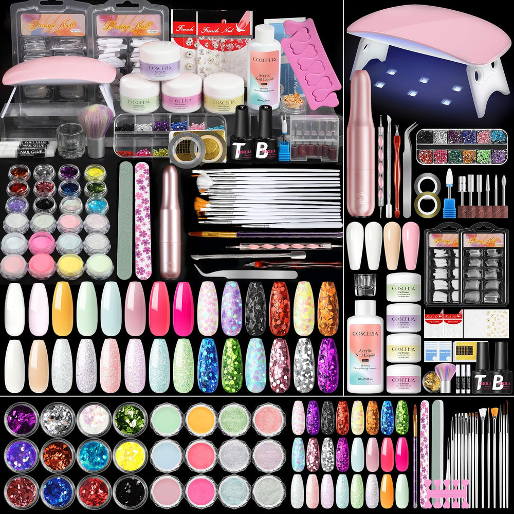 COSCELIA acrylic nail kit beginners layout shows organized tools for at-home manicure convenience.
