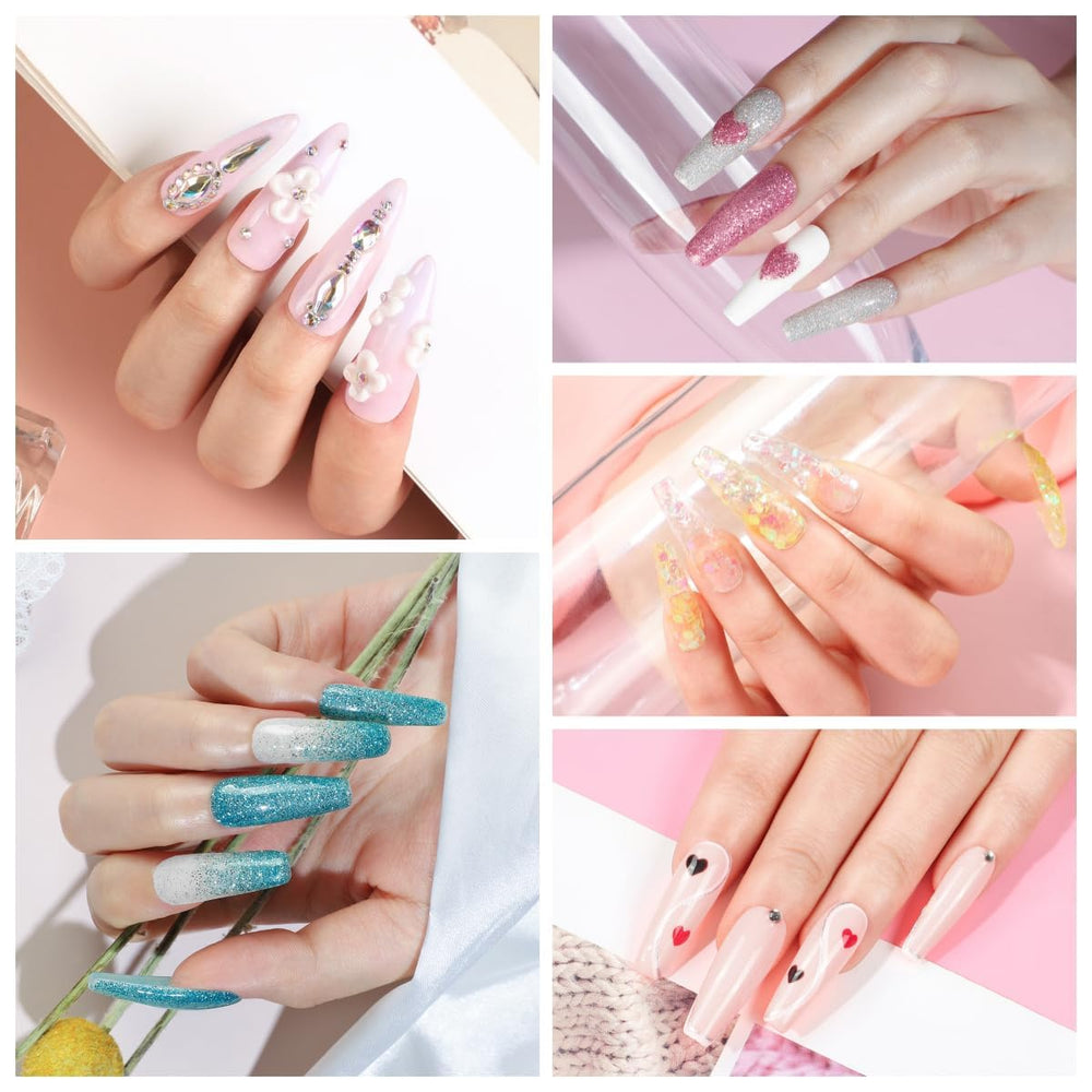 COSCELIA decorative powders showcase vibrant glitters and sequins for unique nail art.