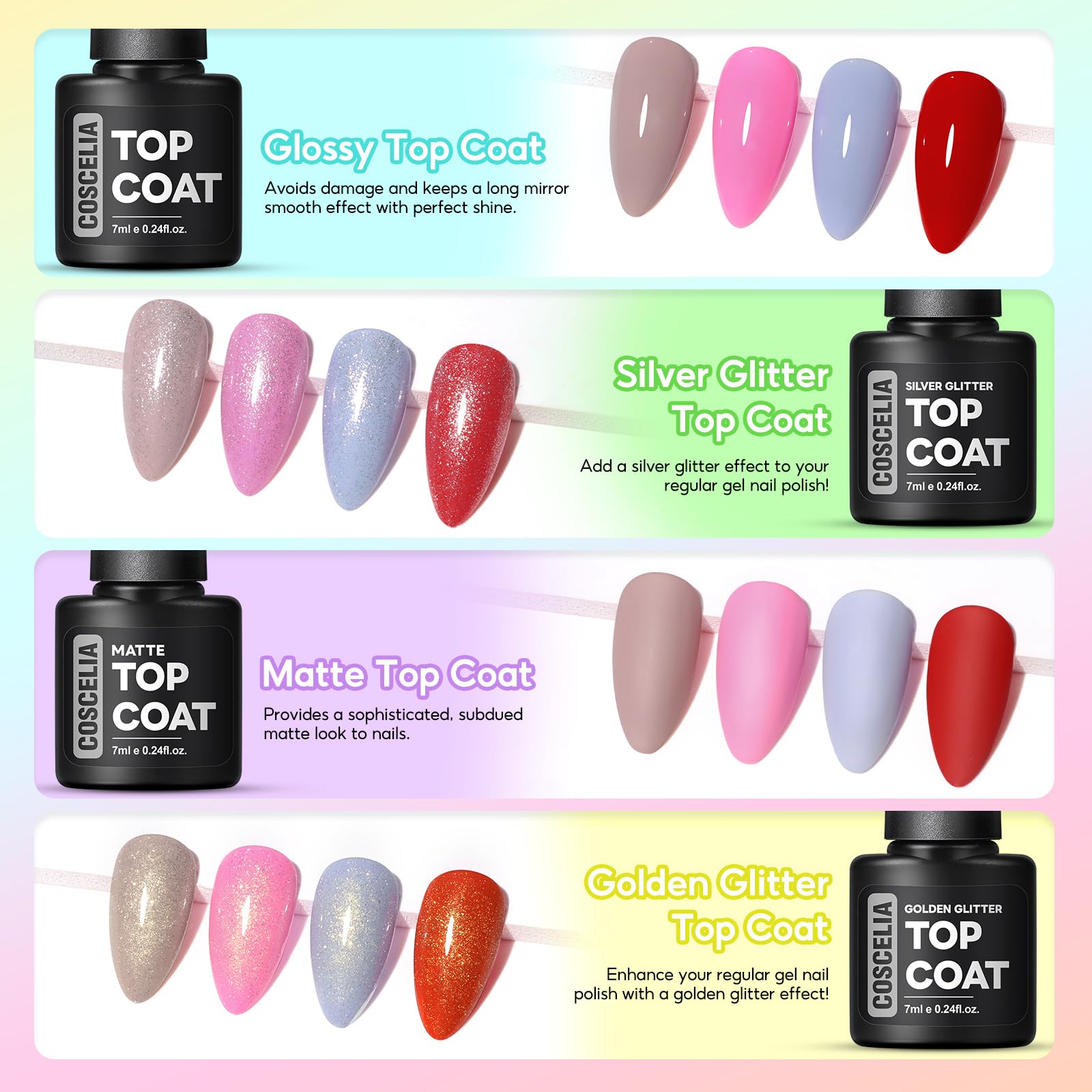 COSCELIA gold glitter top coat enhances luxe holiday nail art.