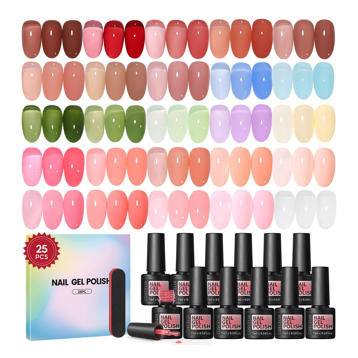 COSCELIA Jelly Gel Polish Set with 25 colors provides versatile nail art options for diverse looks.