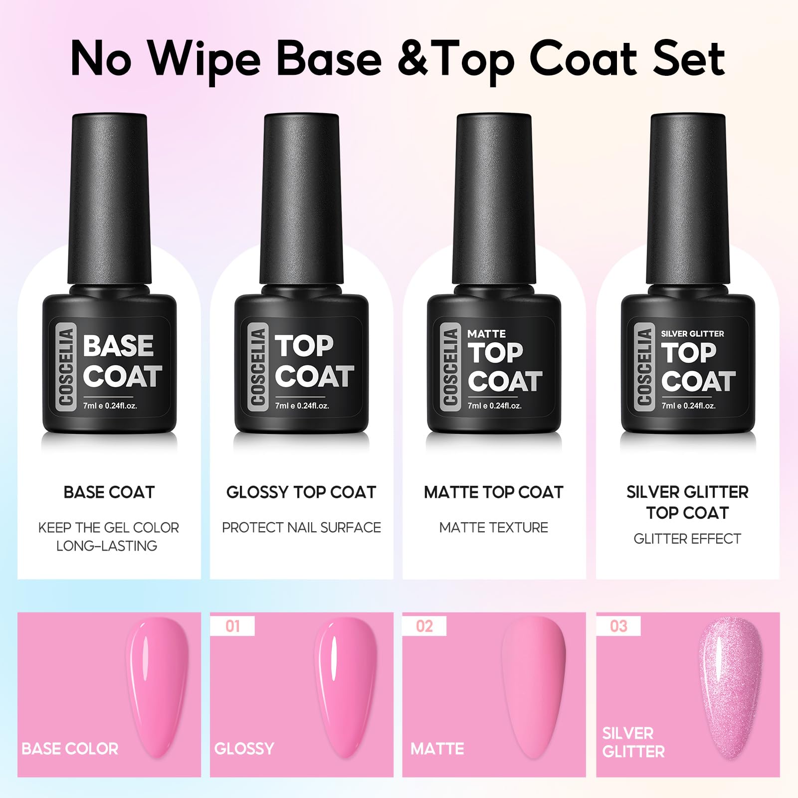 COSCELIA silver top coat and base coat create multi-style nail art foundations.