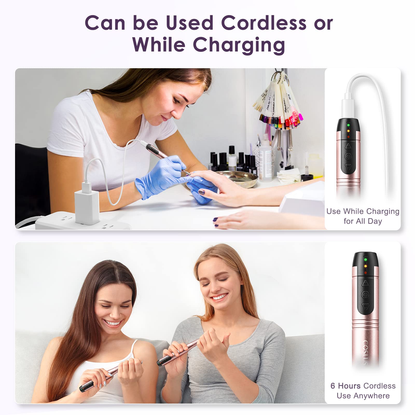 COSLUS cordless nail drill back view reveals compact housing.