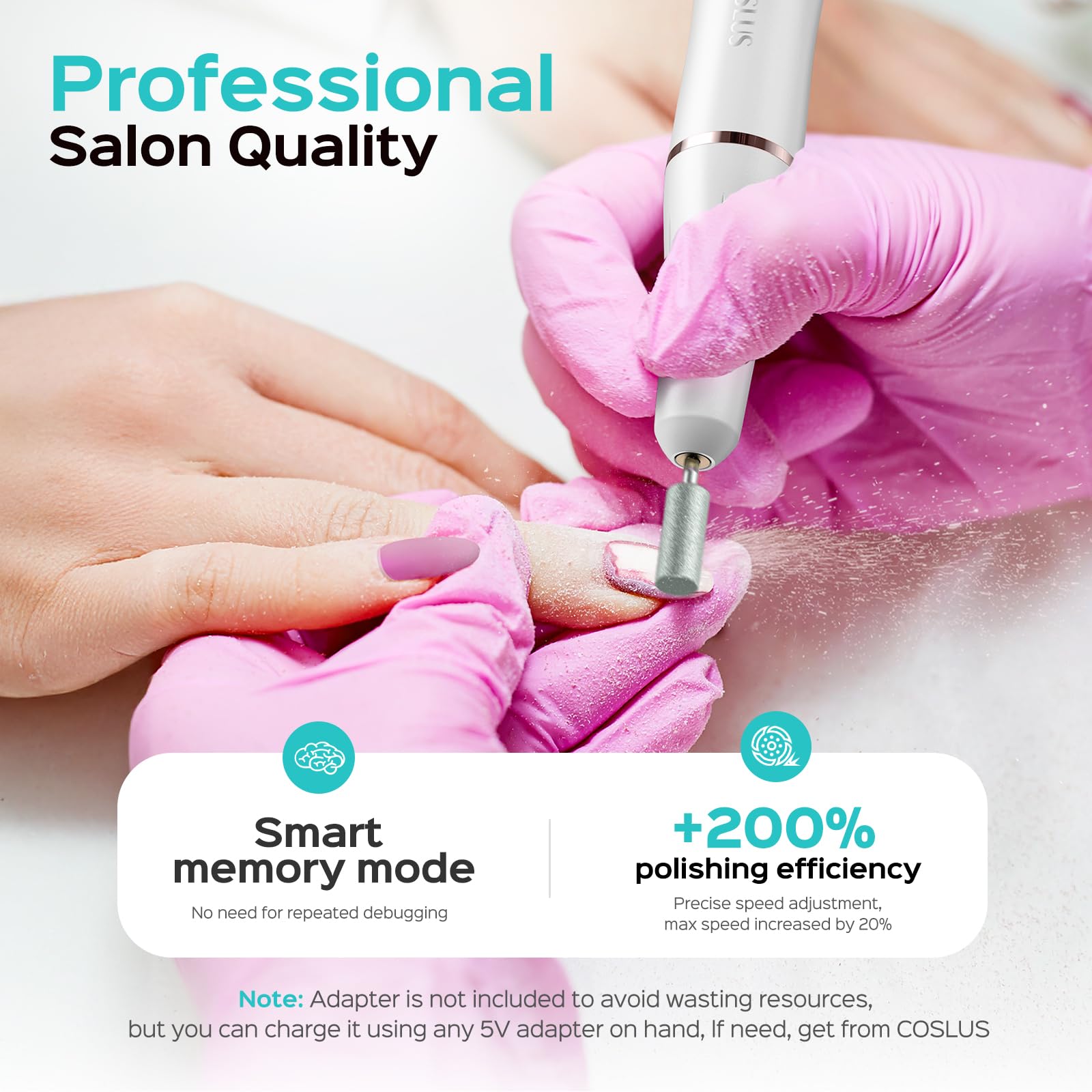 COSLUS cordless nail drill demonstrates gentle cuticle removal and prep.
