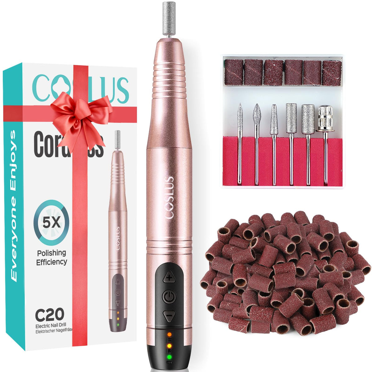 COSLUS cordless nail drill front view demonstrates portable design for on-the-go manicures.