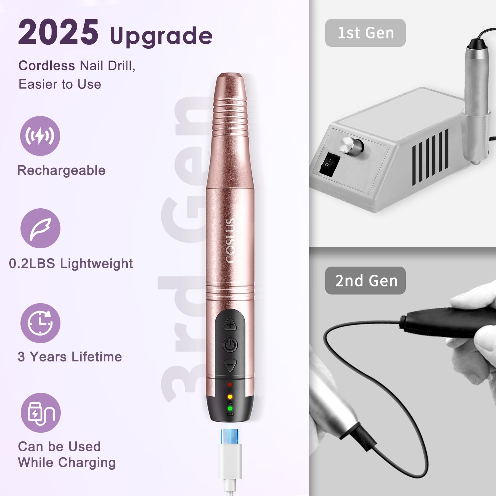 COSLUS cordless nail drill in hand illustrates ergonomic grip for precise filing.