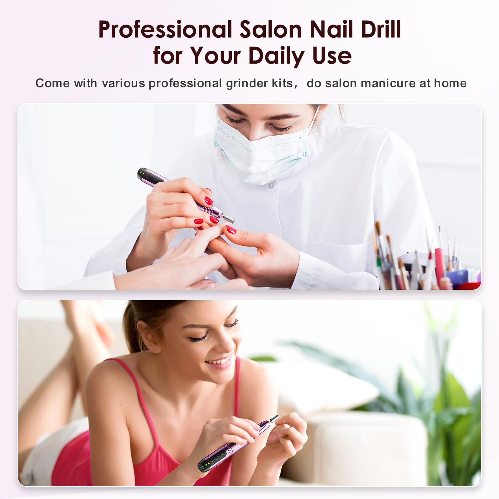COSLUS cordless nail drill in-use image suggests quiet operation during delicate polishing