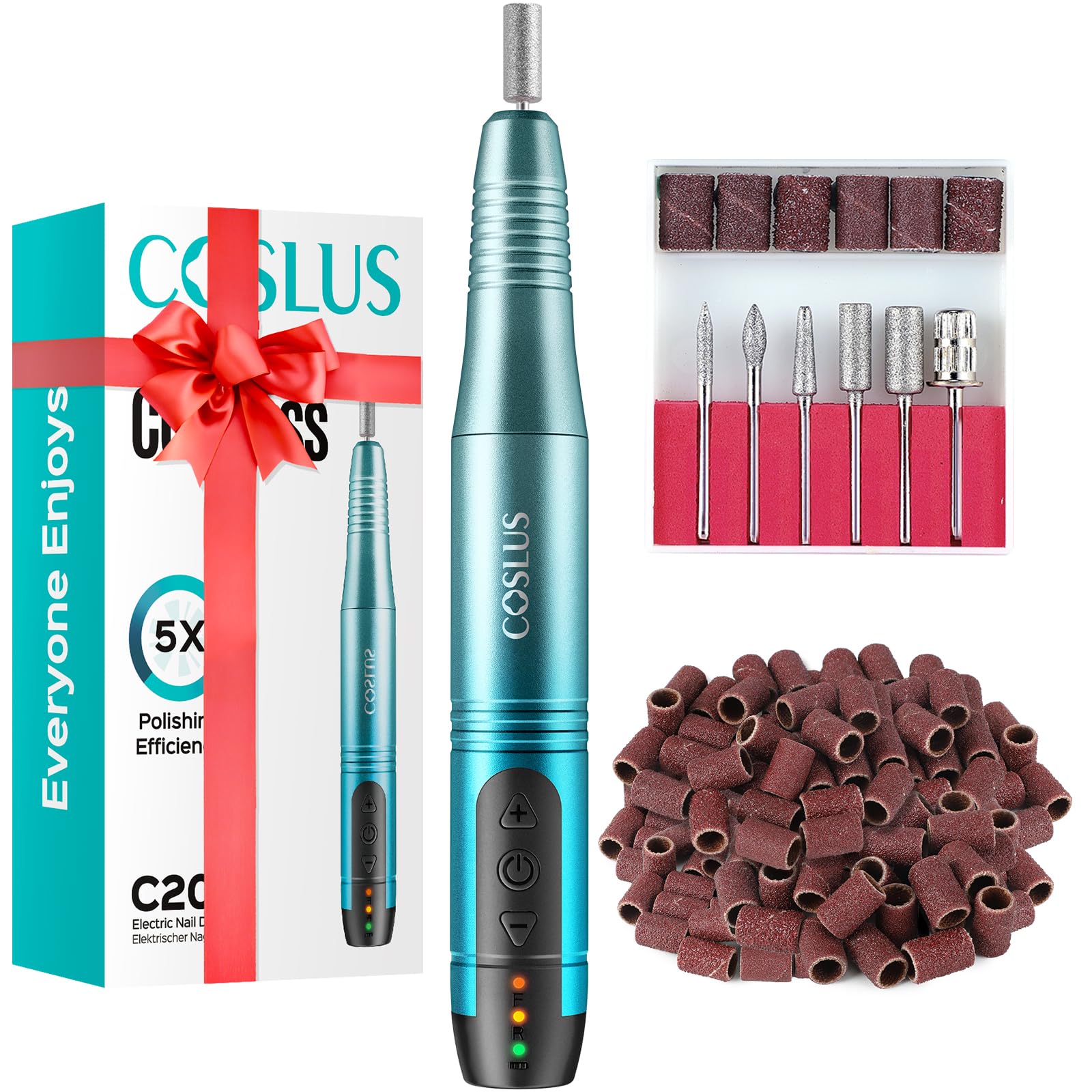 COSLUS cordless nail drill kit front view for portable manicure sessions.